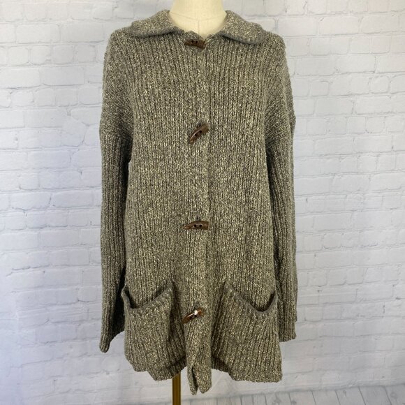 Vintage Y2K Cassini Wool Blend M Grey Chunky Knit Toggle Clasp Long Cardigan - Picture 2 of 10